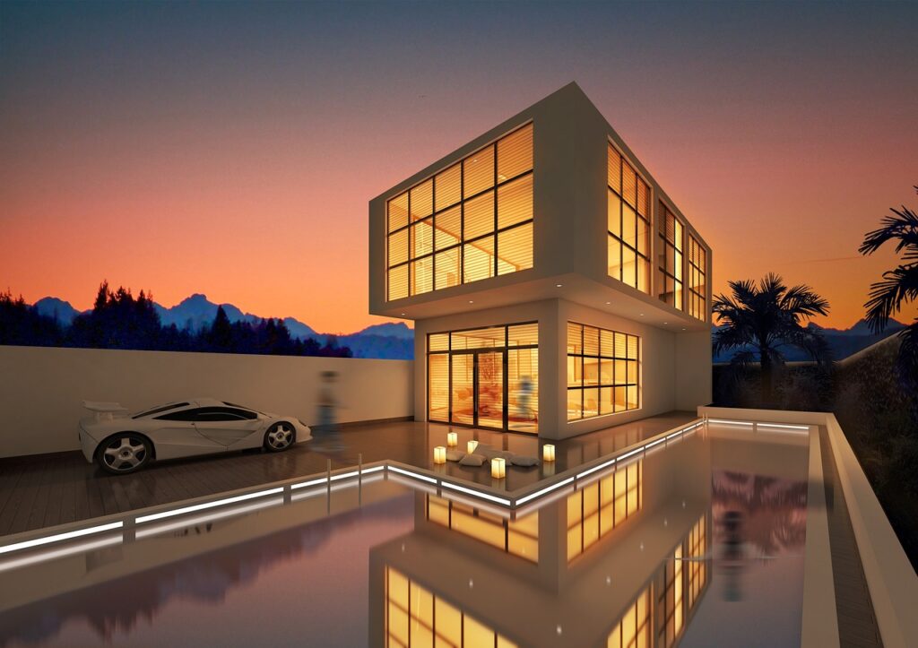 villa, architecture, rendering, external, model, building, design, perspective, at dusk, live, house, villa, villa, villa, villa, villa