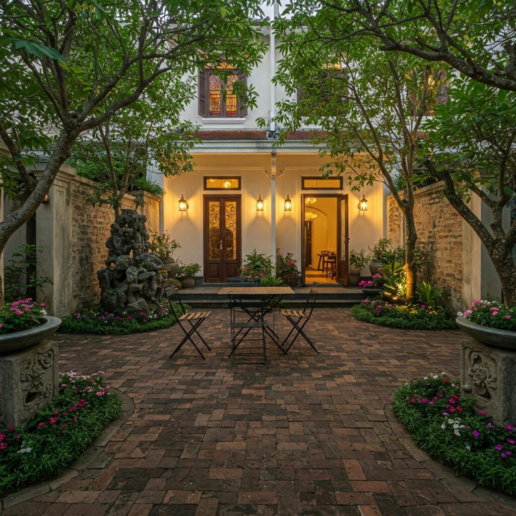 Charming courtyard with evening lighting and lush greenery, perfect for relaxation.